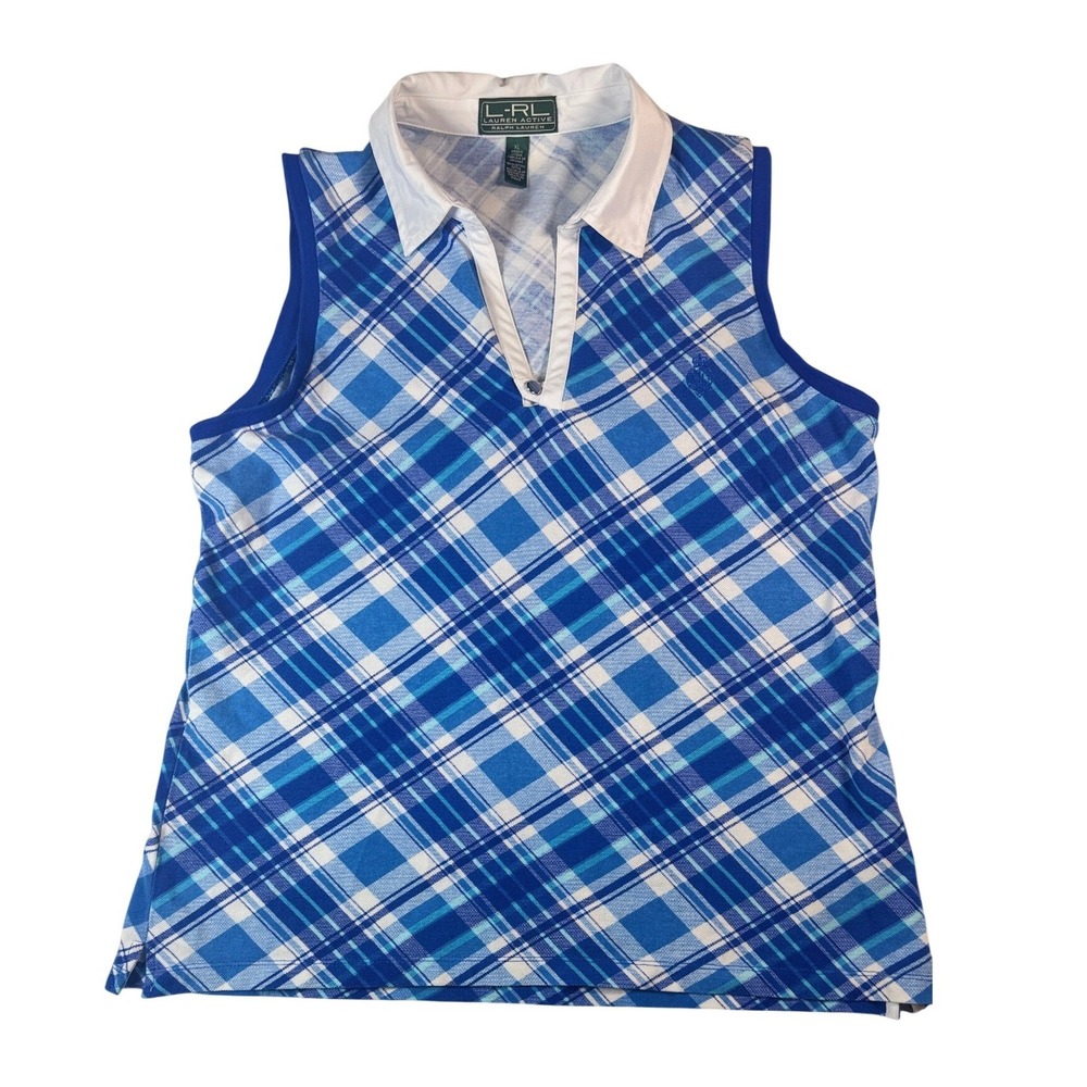 Lauren Ralph Lauren Active Womens XL Blue Plaid Sleeveless Polo Shirt Golf Top